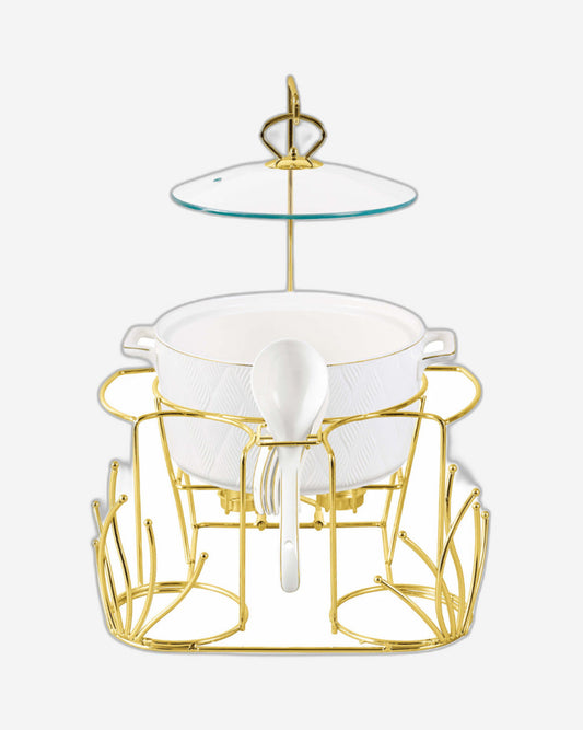 طقم شوربة شالو أمير، 16 قطعة، مع حامل ذهبي - أواني عشاء أنيقة من البورسلين الأبيض، مثالية لتناول طعام راقي، أوعية شوربة