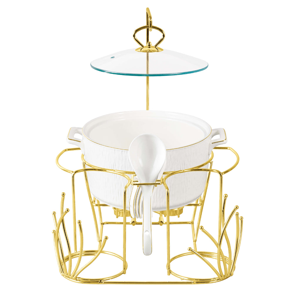 طقم حساء جيزا ضحل مكون من 16 قطعة مع حامل ذهبي - طاولة طعام أنيقة مع أواني طعام بورسلين أبيض أنيقة وأوعية حساء