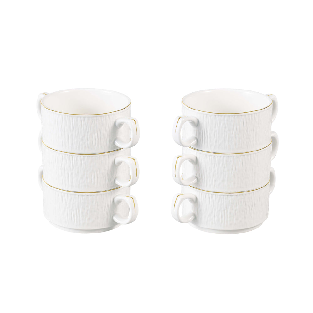 طقم حساء جيزا ضحل مكون من 16 قطعة مع حامل ذهبي - طاولة طعام أنيقة مع أواني طعام بورسلين أبيض أنيقة وأوعية حساء