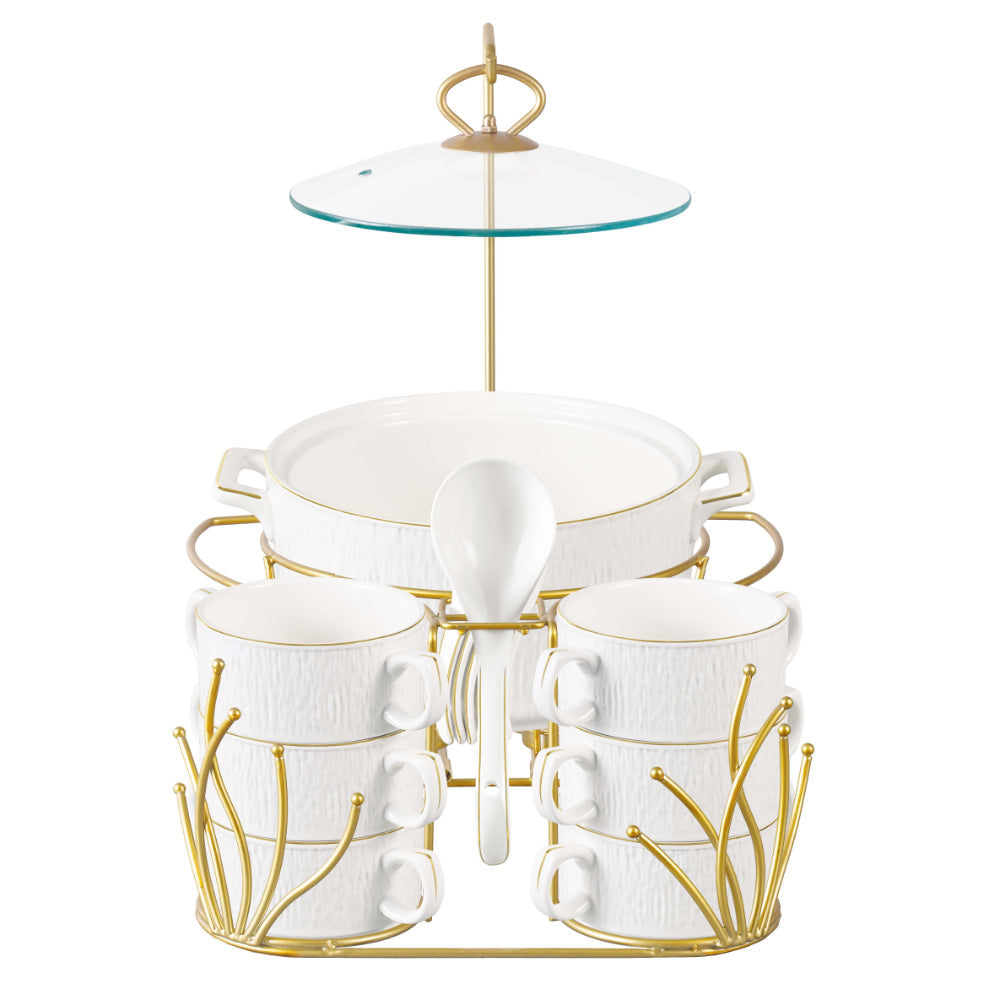 Shallow Gyza 16 Piece Soup Set with Matt Gold Stand - Elegant White Porcelain Dinnerware for Sophisticated Dining, Soup Bowls