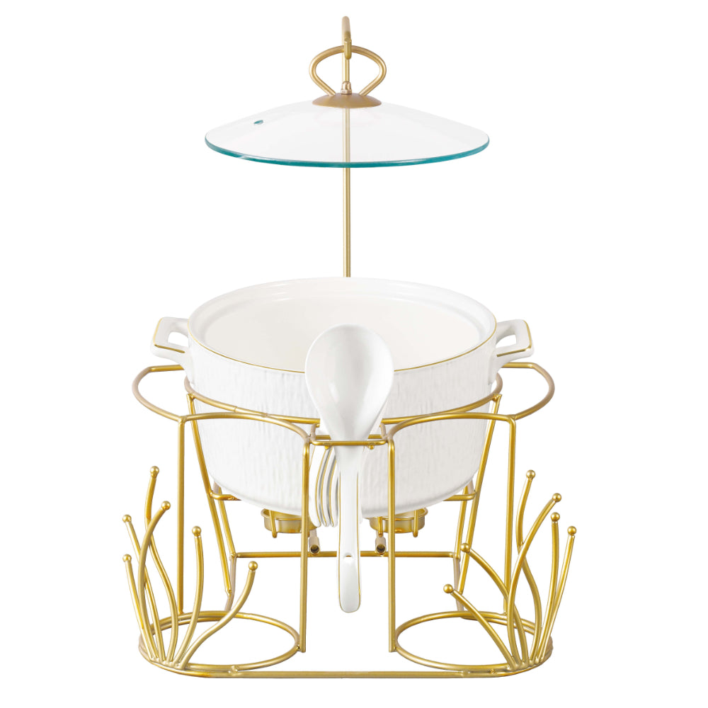 طقم حساء شالو جيزا، 16 قطعة، مع حامل ذهبي غير لامع - أواني عشاء أنيقة من البورسلين الأبيض، مثالية لتناول طعام راقي، أوعية حساء