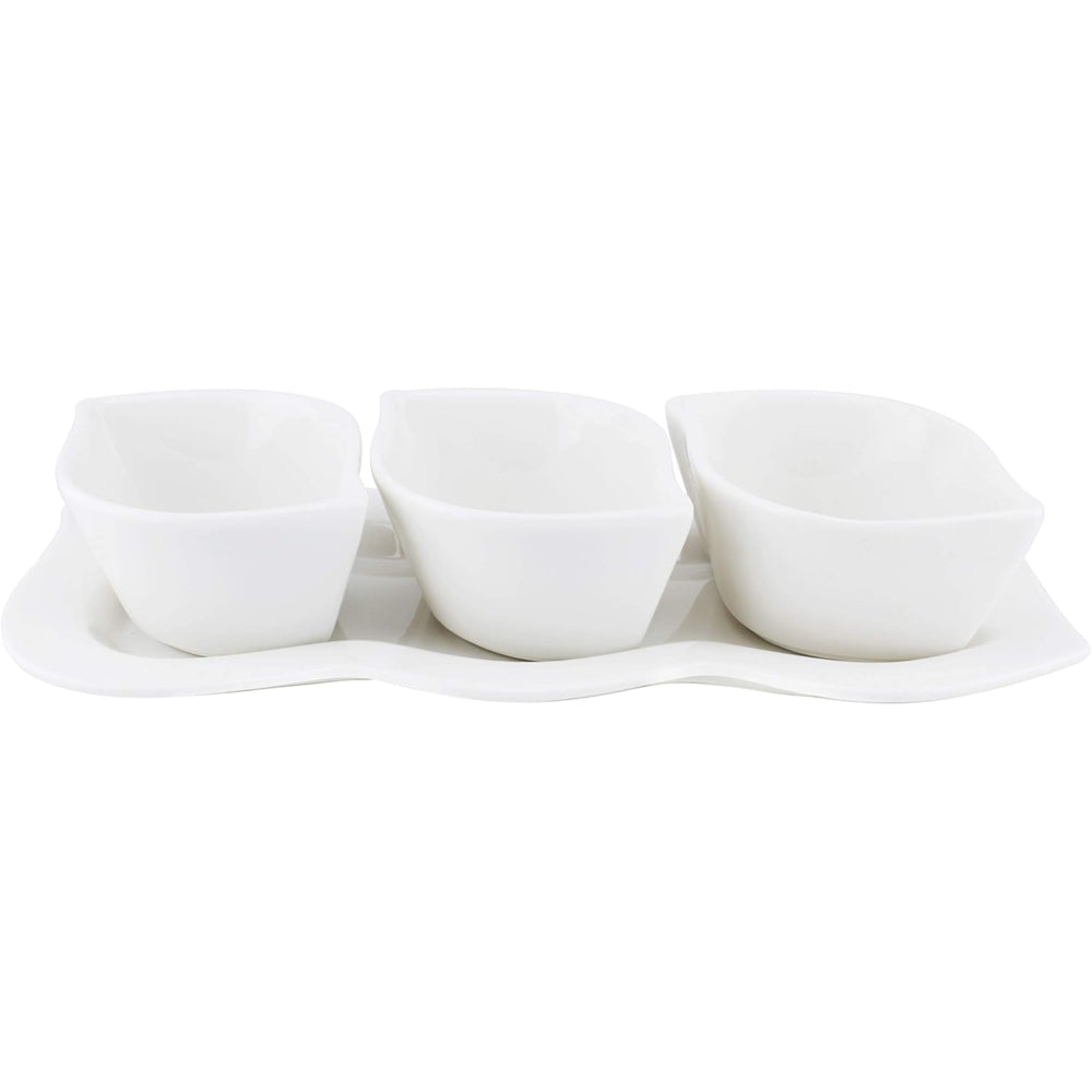 Shallow Porcelain Serving Bowl With Tray, White, 3-Piece Set