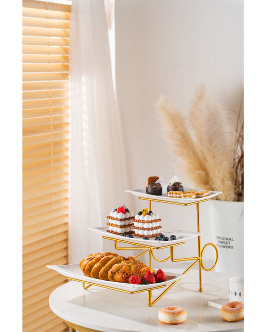 طبق بورسلين أبيض أنيق من شالو، مكون من 3 طبقات، مع حامل ذهبي (طبق صغير 23 سم، طبق متوسط 28 سم، طبق كبير 33 سم)