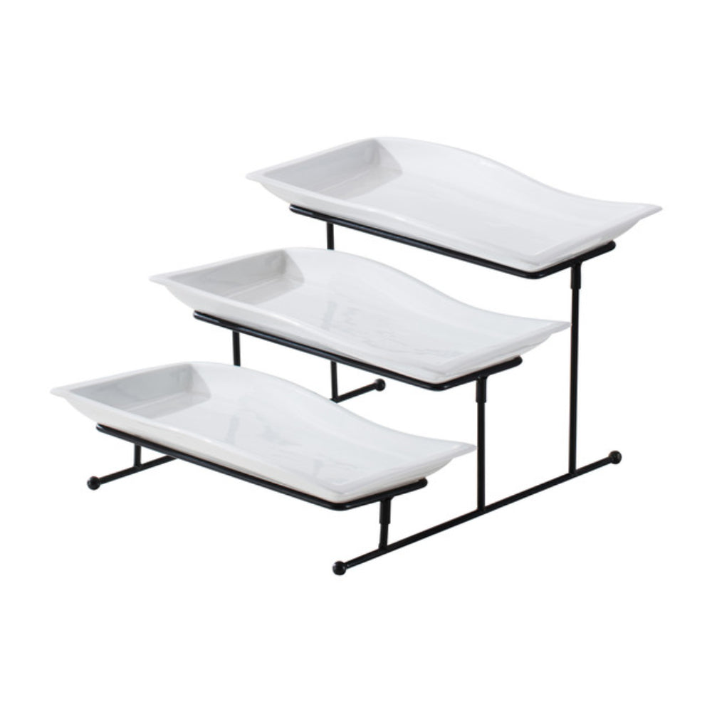 Shallow Elegant Porcelain 3 Tier Rectangle White 33cm Plate with Black Stand