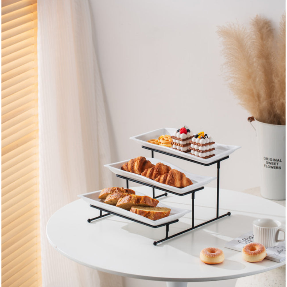 طبق بورسلين أنيق من شالو، مستطيل الشكل، أبيض، 33 سم، مع حامل أسود