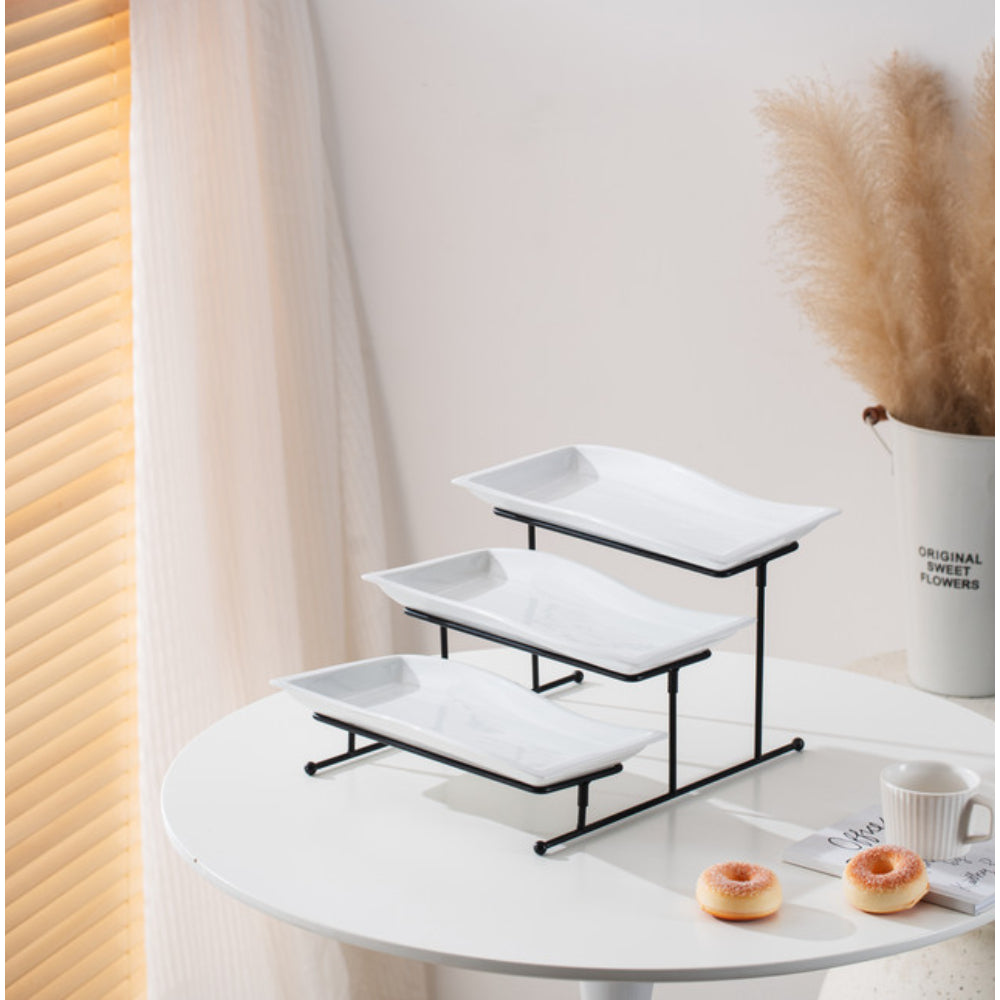 طبق بورسلين أنيق من شالو، مستطيل الشكل، أبيض، 33 سم، مع حامل أسود