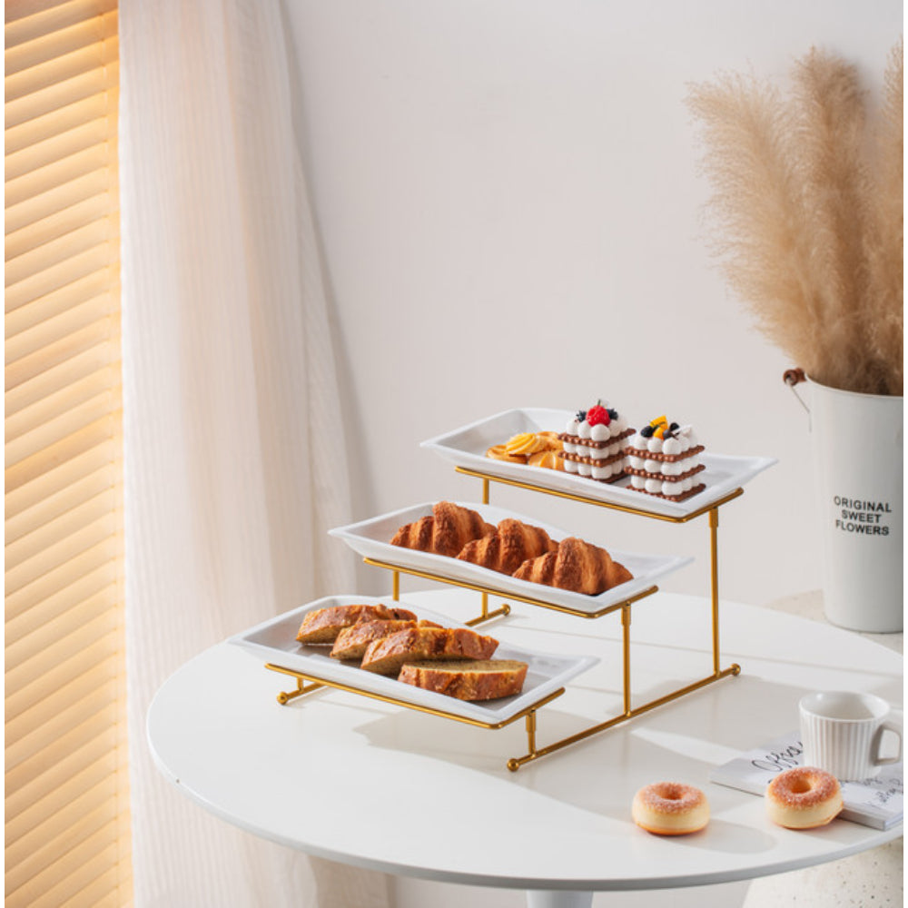 طبق بورسلين أنيق من شالو، مستطيل الشكل، أبيض، 33 سم، بثلاث طبقات، مع حامل ذهبي