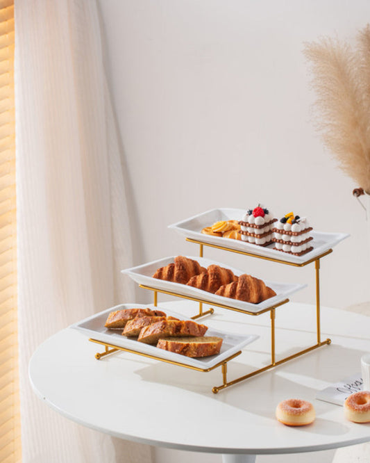 طبق بورسلين أنيق من شالو، مستطيل الشكل، أبيض، 33 سم، بثلاث طبقات، مع حامل ذهبي