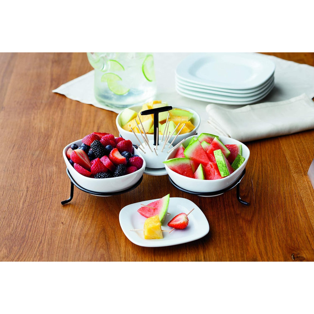 طقم تقديم بورسلين مسطح مع حامل أعواد أسنان وحامل، أبيض، 3×17 سم - طبق تقديم أنيق وعملي للمقبلات والوجبات الخفيفة