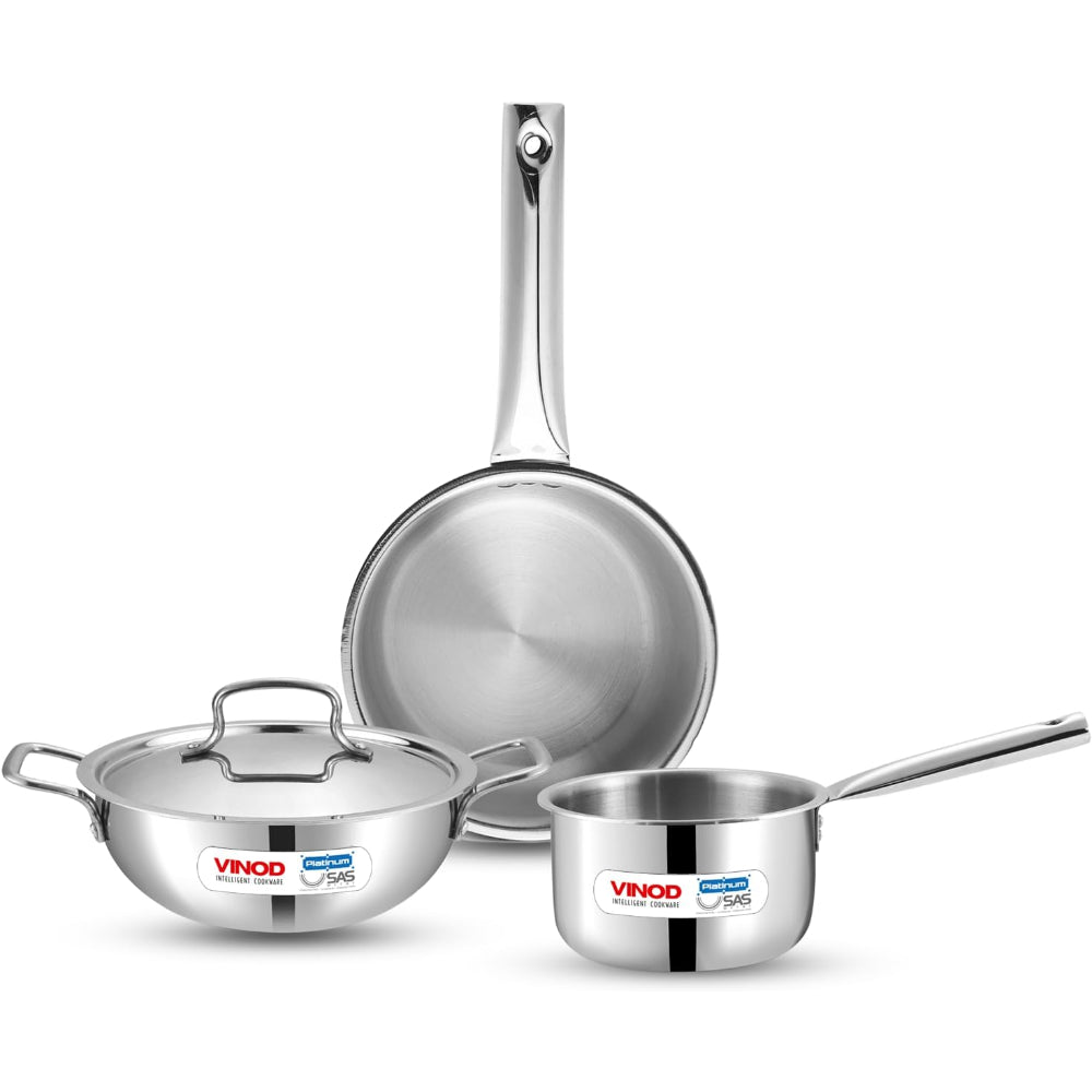 Vinod Platinum Triply Stainless Steel Cookware Set - 4 Pc, Kadai (24cm, 3.3l), Frypan (24cm, 2.2L) with Common Lid, Saucepan (16 cm, 1.6L)