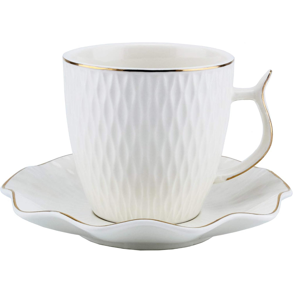 طقم فناجين قهوة وصحن من الخزف العظمي الضحل، 12 قطعة - أبيض/ذهبي، 90 مل