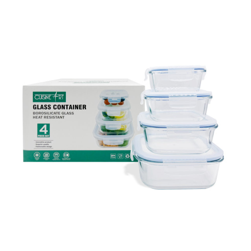 مجموعة أوعية طعام مربعة من زجاج البورسليكات العالي من كويزين آرت جورا مع غطاء من البولي بروبيلين، 4 قطع (300، 500، 800، 1200 مل)
