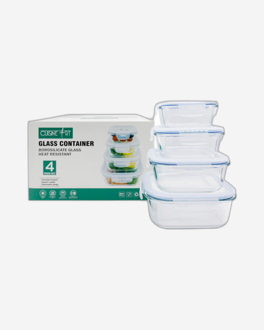 مجموعة أوعية طعام مربعة من زجاج البورسليكات العالي من كويزين آرت جورا مع غطاء من البولي بروبيلين، 4 قطع (300، 500، 800، 1200 مل)