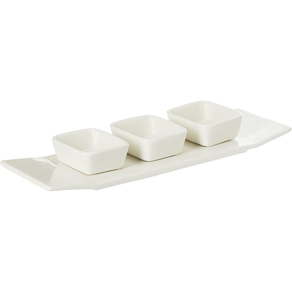 Shallow Porcelain 3-Dish Condiment Set with Long Plate, White – Elegant Serving Set for Sauces, Spices, and More