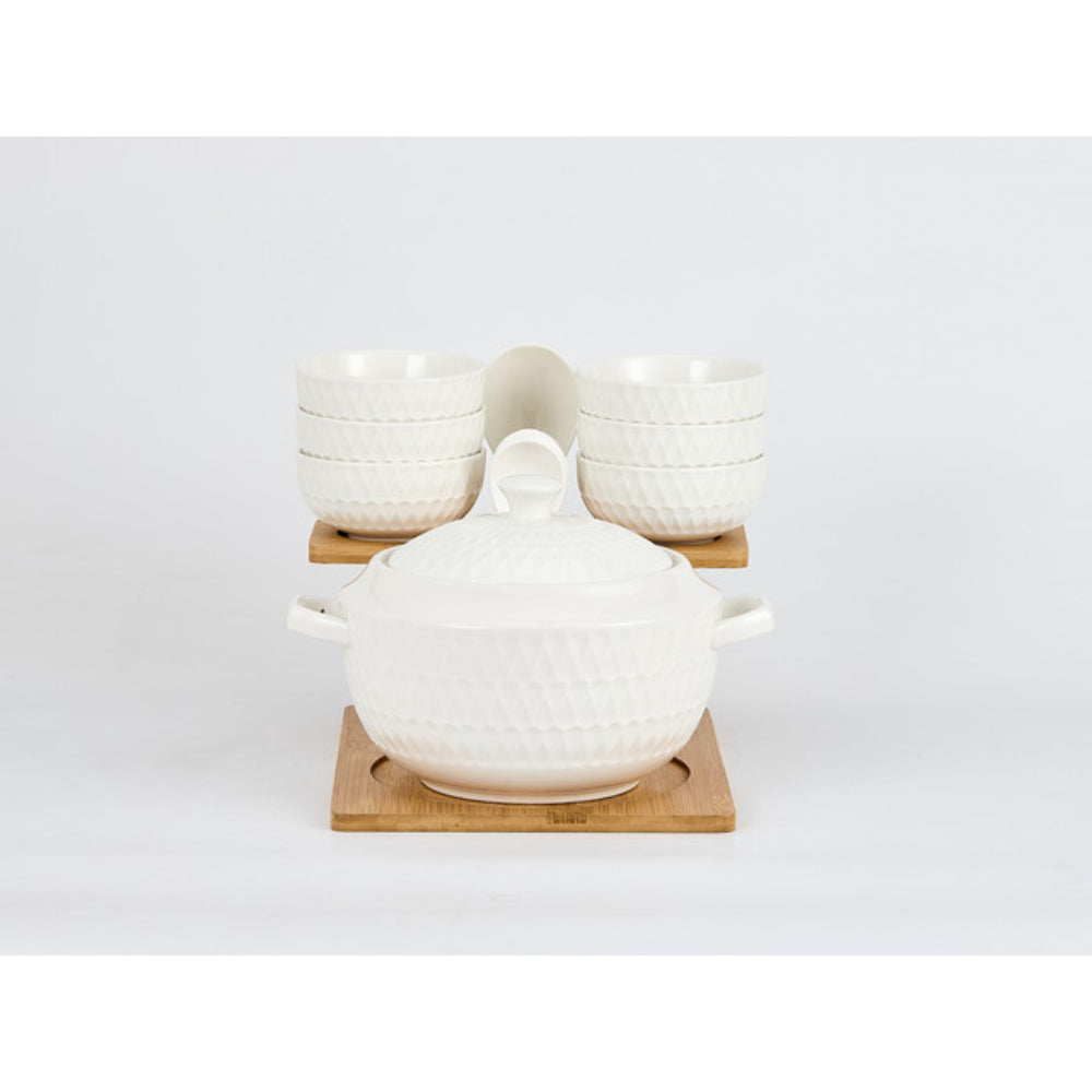 وعاء حساء ضحل من البورسلين والخيزران، 1 قدر حساء، 1 ملعقة حساء، 6 أوعية و6 ملاعق مع حامل، أبيض وبني