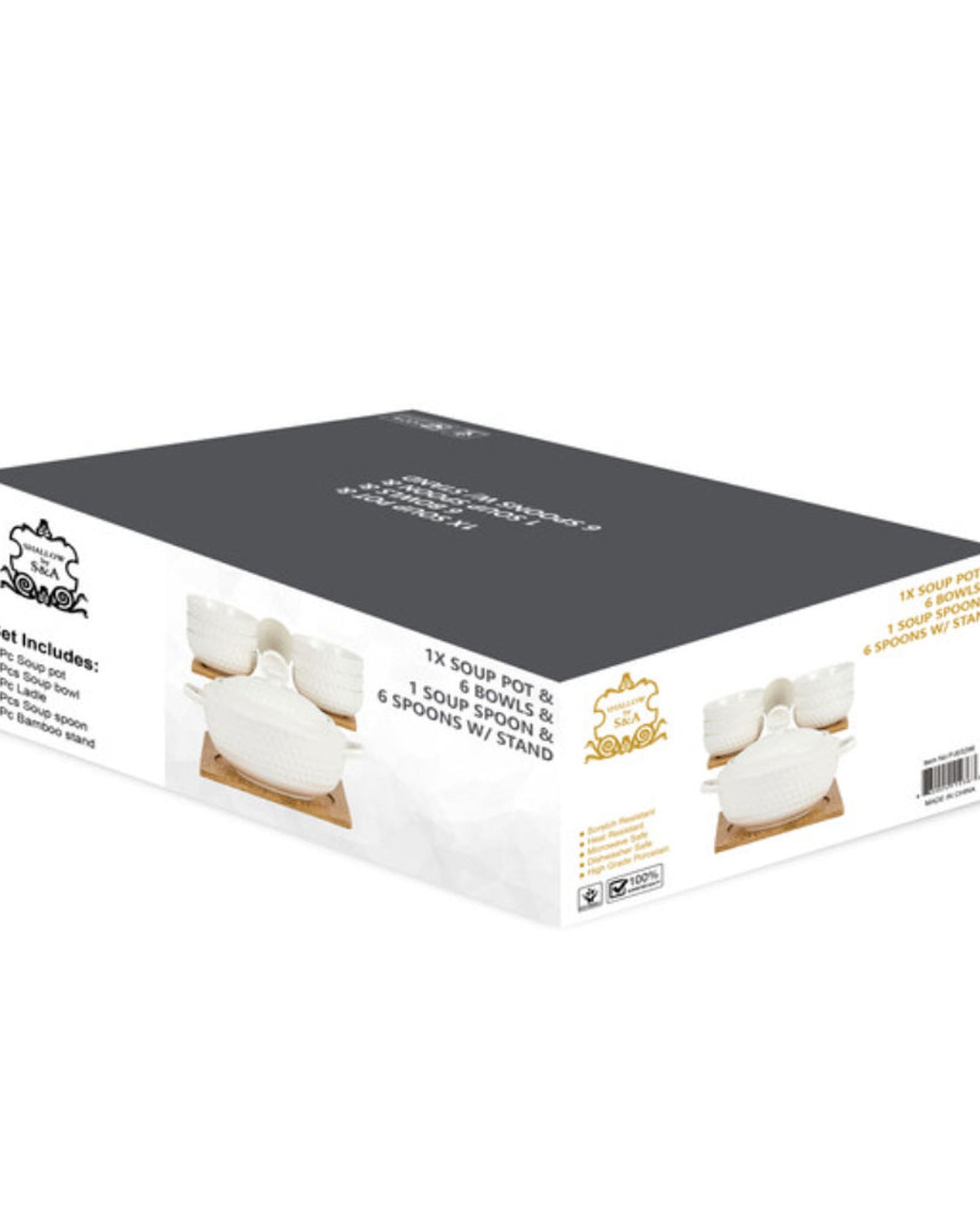 وعاء حساء ضحل من البورسلين والخيزران، 1 قدر حساء، 1 ملعقة حساء، 6 أوعية و6 ملاعق مع حامل، أبيض وبني