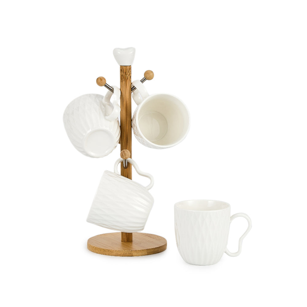 Shallow Elegant Porcelain Bamboo 4 Mug Set with Stand, 300ml