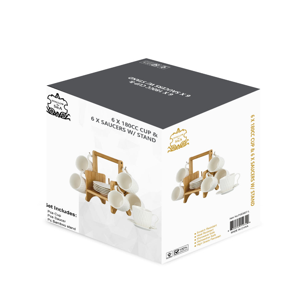 طقم شالو الأنيق من البورسلين والخيزران، مكون من 6 أكواب و6 أطباق، مع حامل، سعة 180 مل