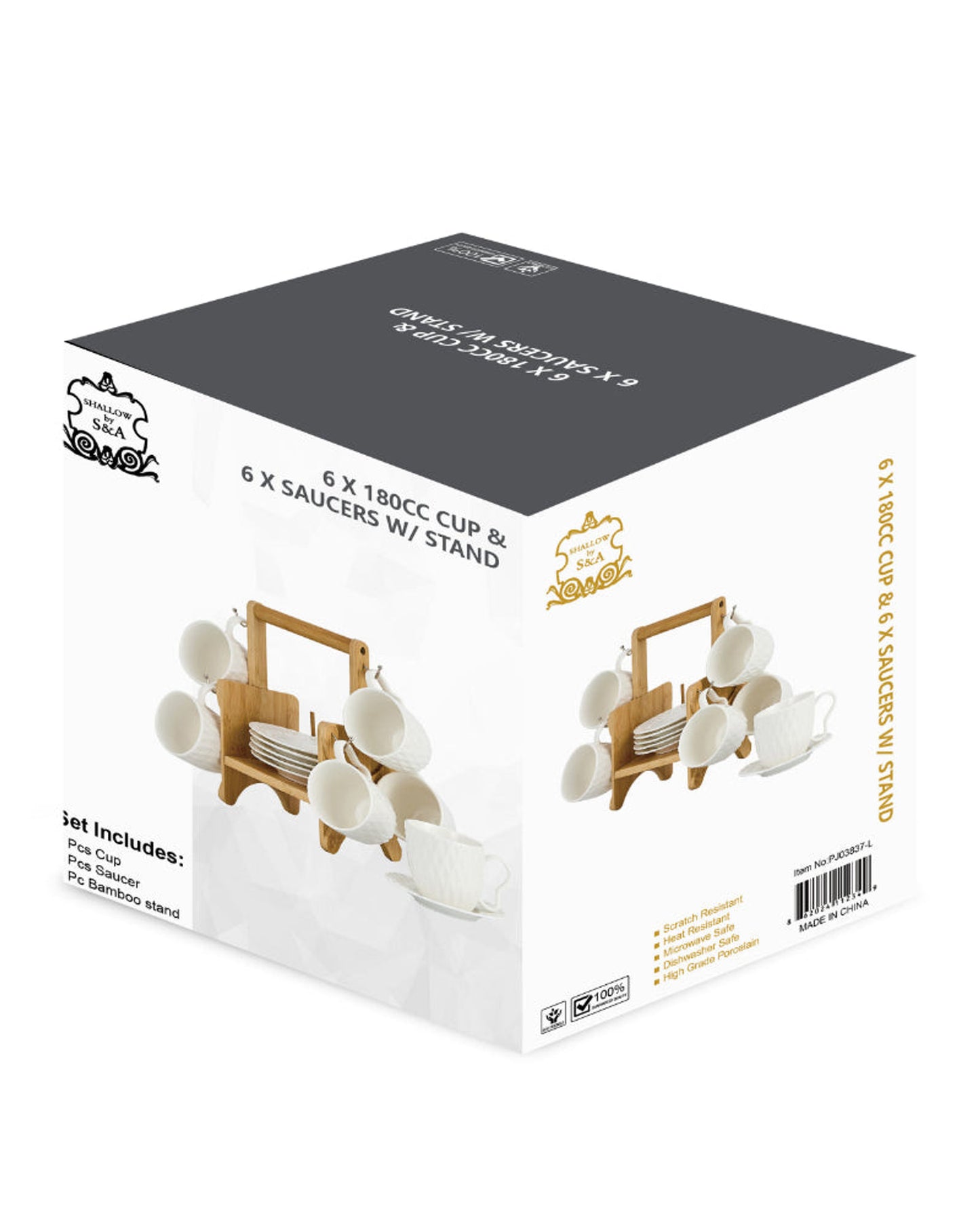 طقم شالو الأنيق من البورسلين والخيزران، مكون من 6 أكواب و6 أطباق، مع حامل، سعة 180 مل