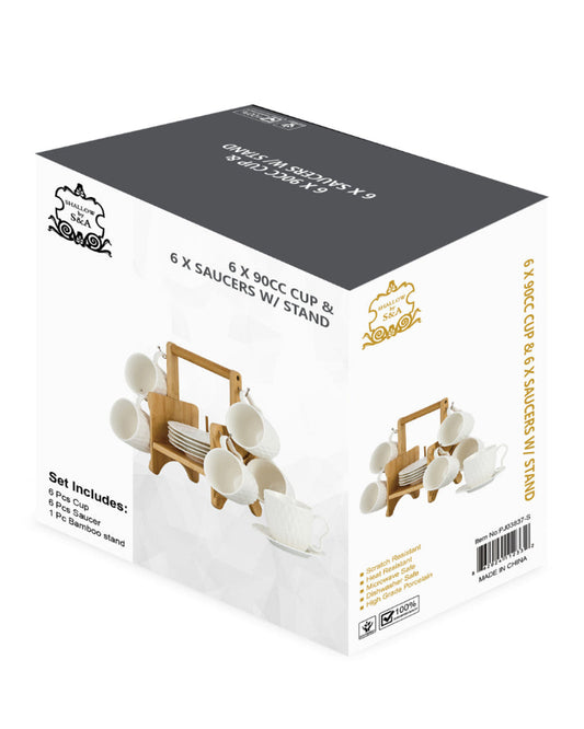 طقم شالو الأنيق من البورسلين والخيزران، مكون من 6 أكواب و6 أطباق، مع حامل، سعة 90 مل