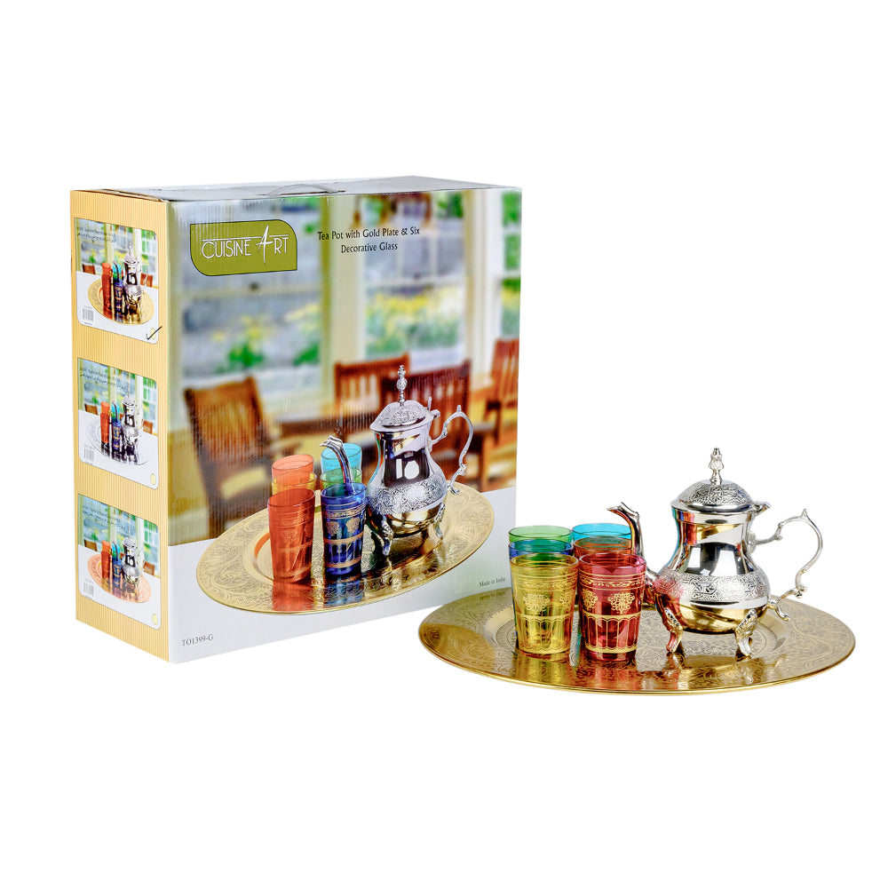 طقم شاي مغربي من فن الطهي مع صينية ذهبية من النحاس والحديد، 6 أكواب - متعدد الألوان