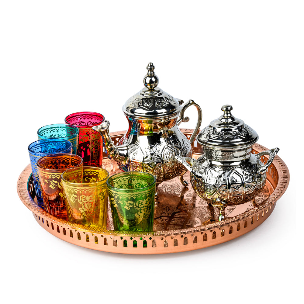 Cuisine Art Moroccan Brass Arwa Teaset with Copper Tray - 9 Pieces