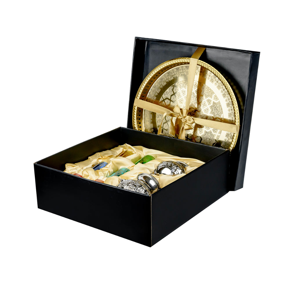 طقم شاي أروى مغربي من النحاس مع صينية ذهبية - 9 قطع