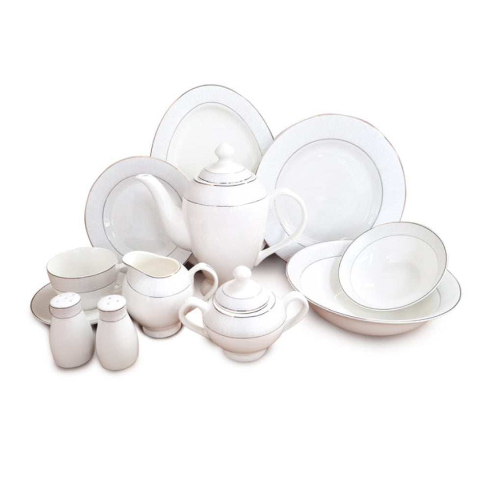 Shallow New Bone China Dinner Set - Feliz, 47 Pieces, White