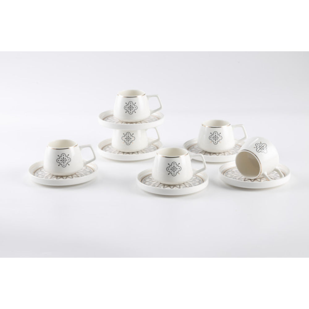 Shallow New Bone China Huma Coffee Cup & Saucer Set, 100ml (White, 6 Cups, 6 Saucer)