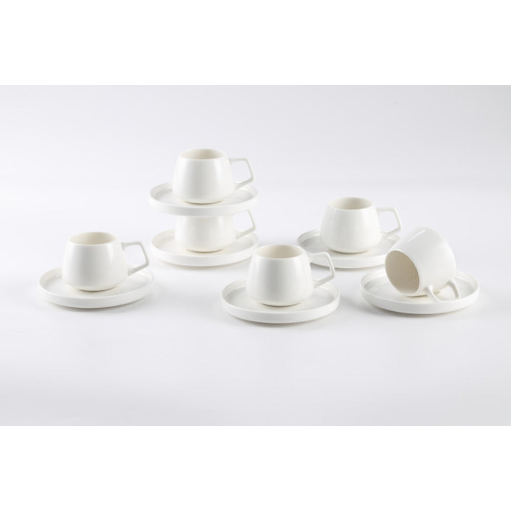 Shallow New Bone China EMA Coffee Cup & Saucer Set, 100ml (White, 6 Cups, 6 Saucer)