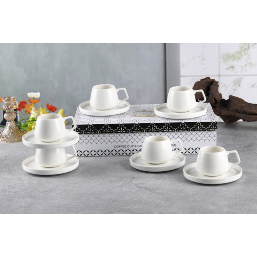 طقم فناجين قهوة وصحن من شالو نيو بون تشاينا إي إم إيه، سعة 100 مل (أبيض، 6 أكواب، 6 صحون)