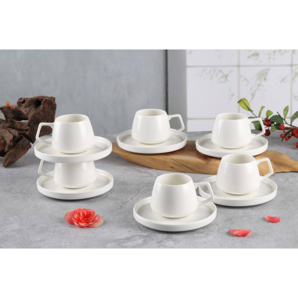 طقم فناجين قهوة وصحن من شالو نيو بون تشاينا إي إم إيه، سعة 100 مل (أبيض، 6 أكواب، 6 صحون)