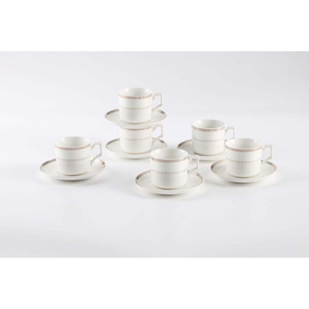 Shallow New Bone China Rosa Coffee Cup & Saucer Set, 90ml (White, 6 Cups, 6 Saucer)