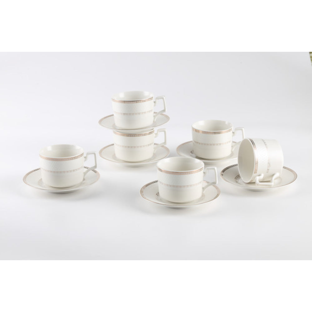Shallow New Bone China Rosa Tea Cup & Saucer Set, 220ml (White, 6 Cups, 6 Saucer)