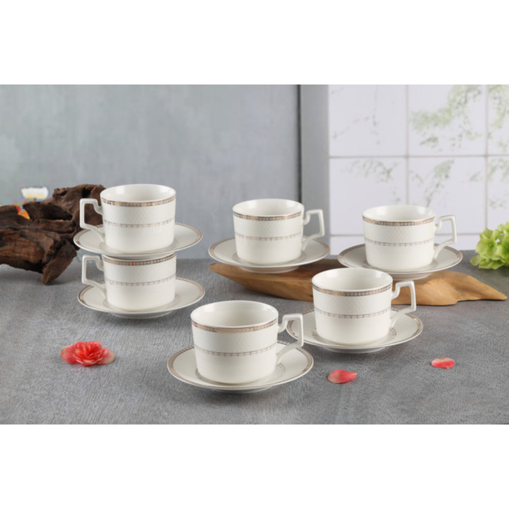 طقم فناجين شاي وصحن من شالو نيو بون تشاينا روزا، سعة 220 مل (أبيض، 6 أكواب، 6 صحون)