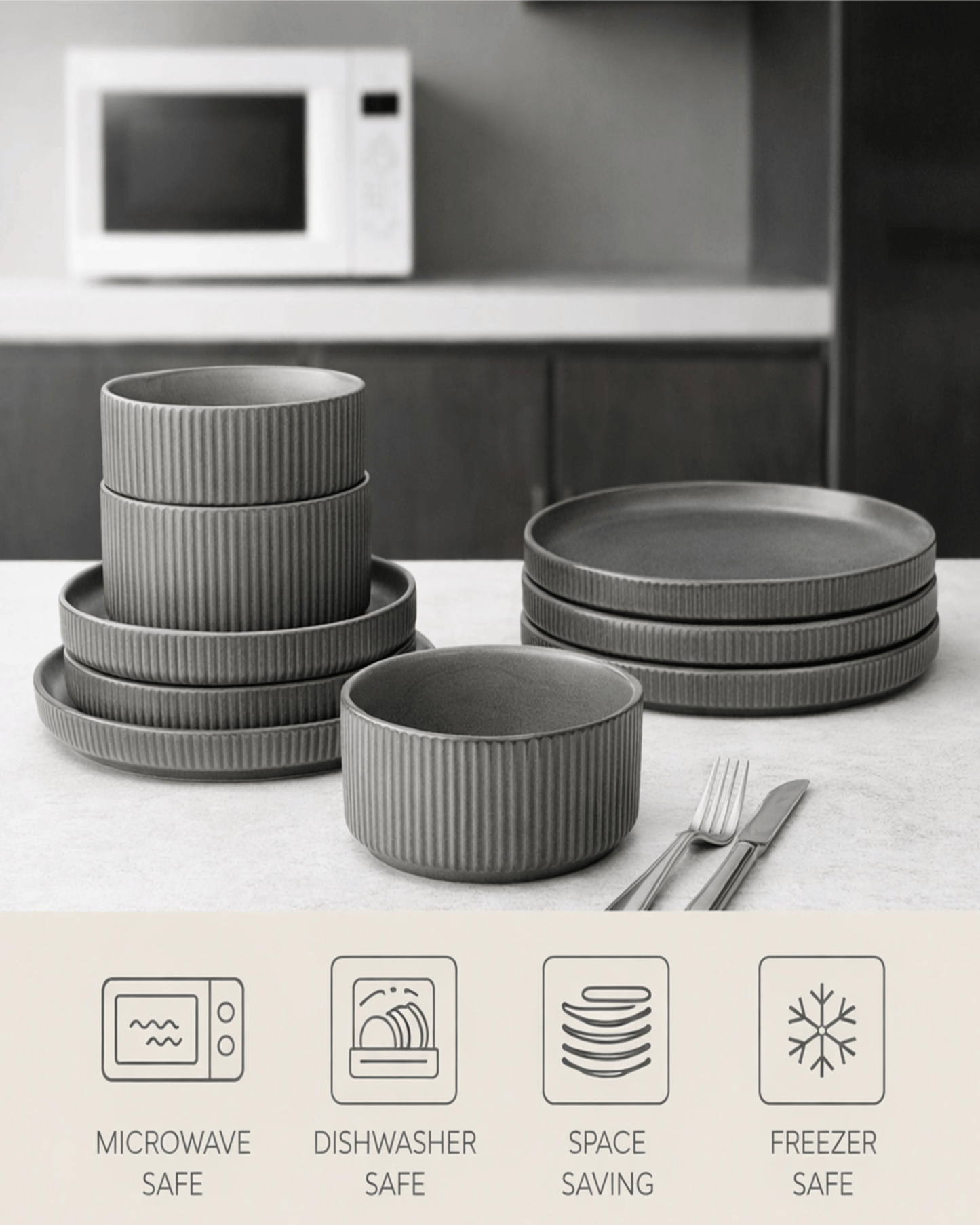 Shallow LEF Stoneware Dinner Set 16 pcs Light Grey