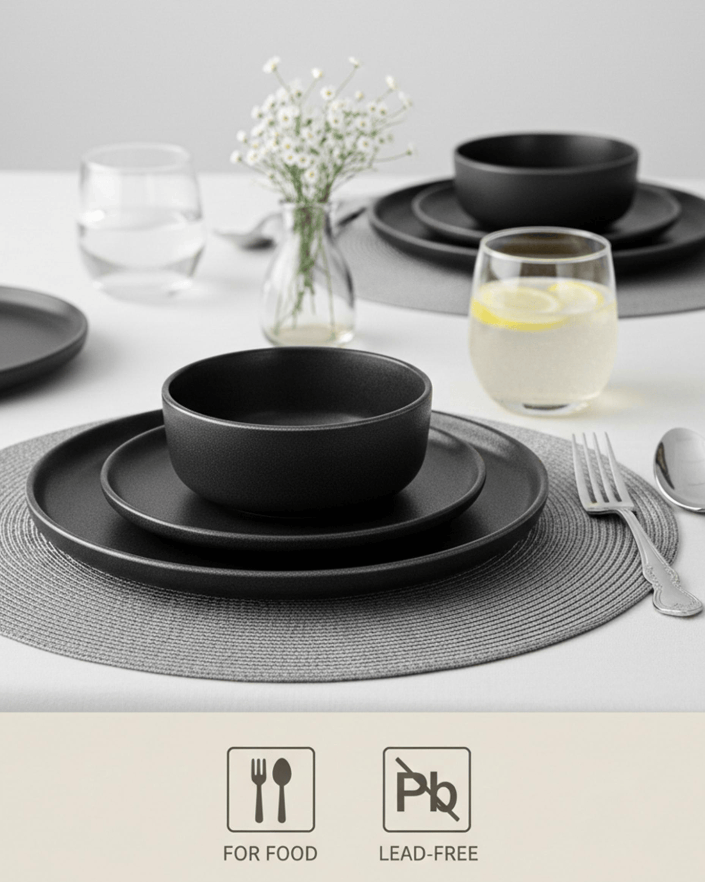Shallow KIA Stoneware Dinner Set 18 pcs Black