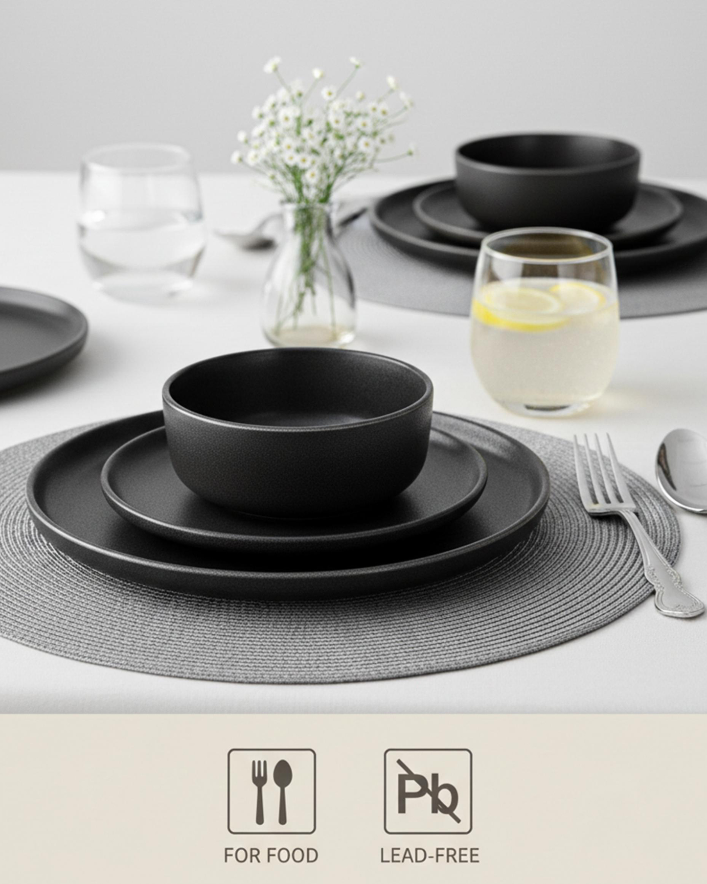 Shallow KIA Stoneware Dinner Set 18 pcs Black