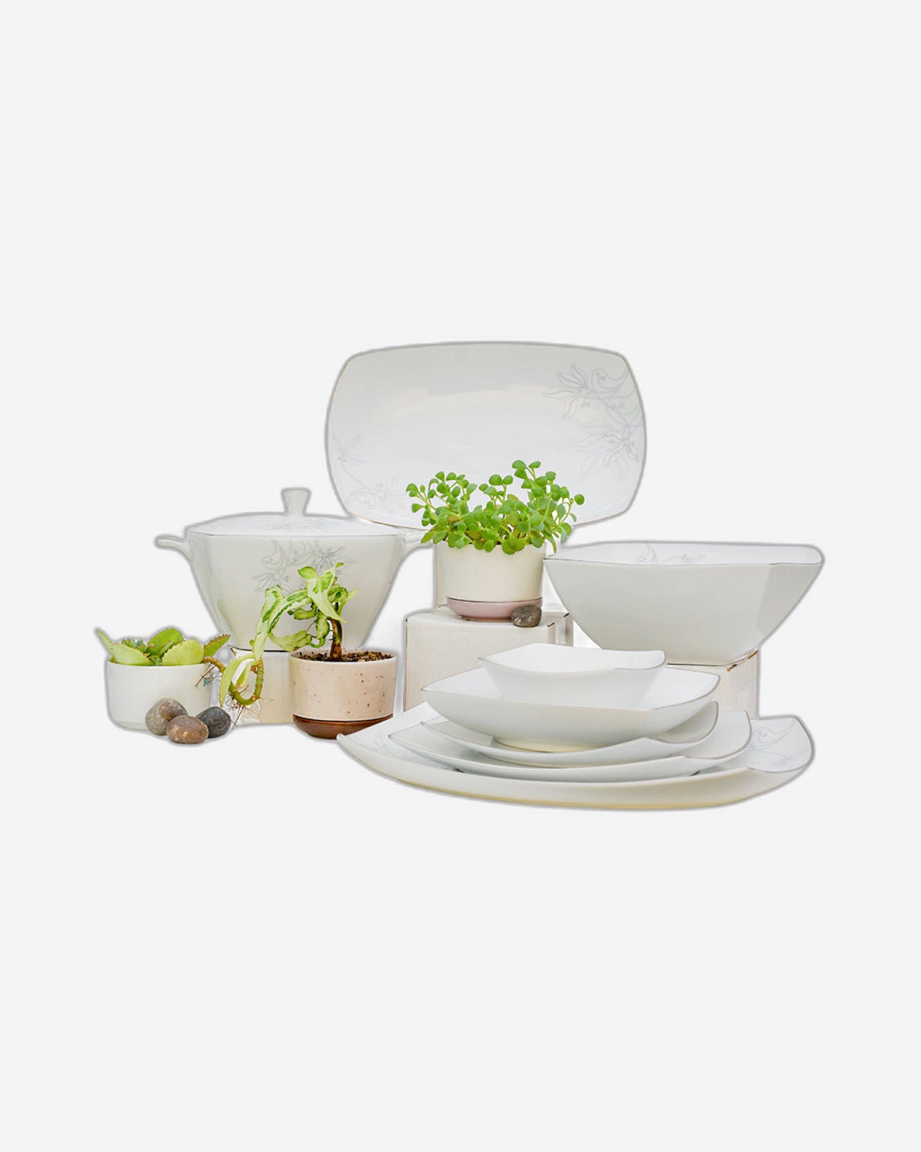 طقم عشاء دانكوتوا مكون من 83 قطعة مع زهور رمادية بيضاء ومدينة إيطاليا