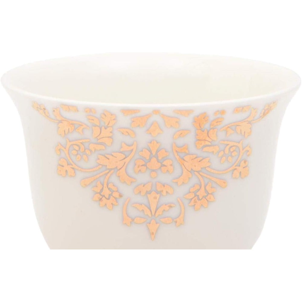 أكواب غاوا الخزفية العظمية الضحلة، مجموعة من 12 قطعة - أكواب قهوة عربية أنيقة باللونين الأبيض والذهبي