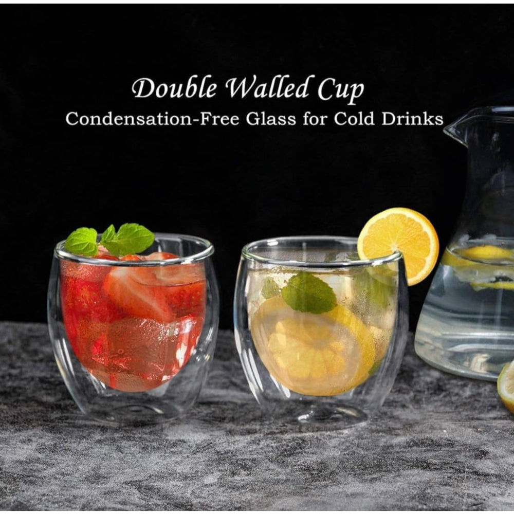 طقم أكواب زجاجية مزدوجة الجدار من كويزين آرت، سعة 250 مل، مكون من قطعتين، مصنوعة من زجاج البورسليكات، للقهوة والشاي والويسكي والكوكتيلات وجميع المشروبات - كوب شرب مزدوج الجدار بتصميم بسيط ومتين