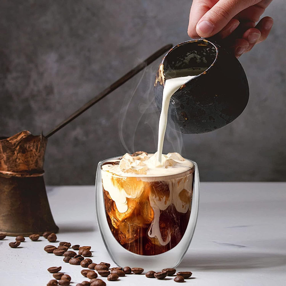 طقم أكواب زجاجية مزدوجة الجدار من كويزين آرت، سعة 250 مل، مكون من قطعتين، مصنوعة من زجاج البورسليكات، للقهوة والشاي والويسكي والكوكتيلات وجميع المشروبات - كوب شرب مزدوج الجدار بتصميم بسيط ومتين