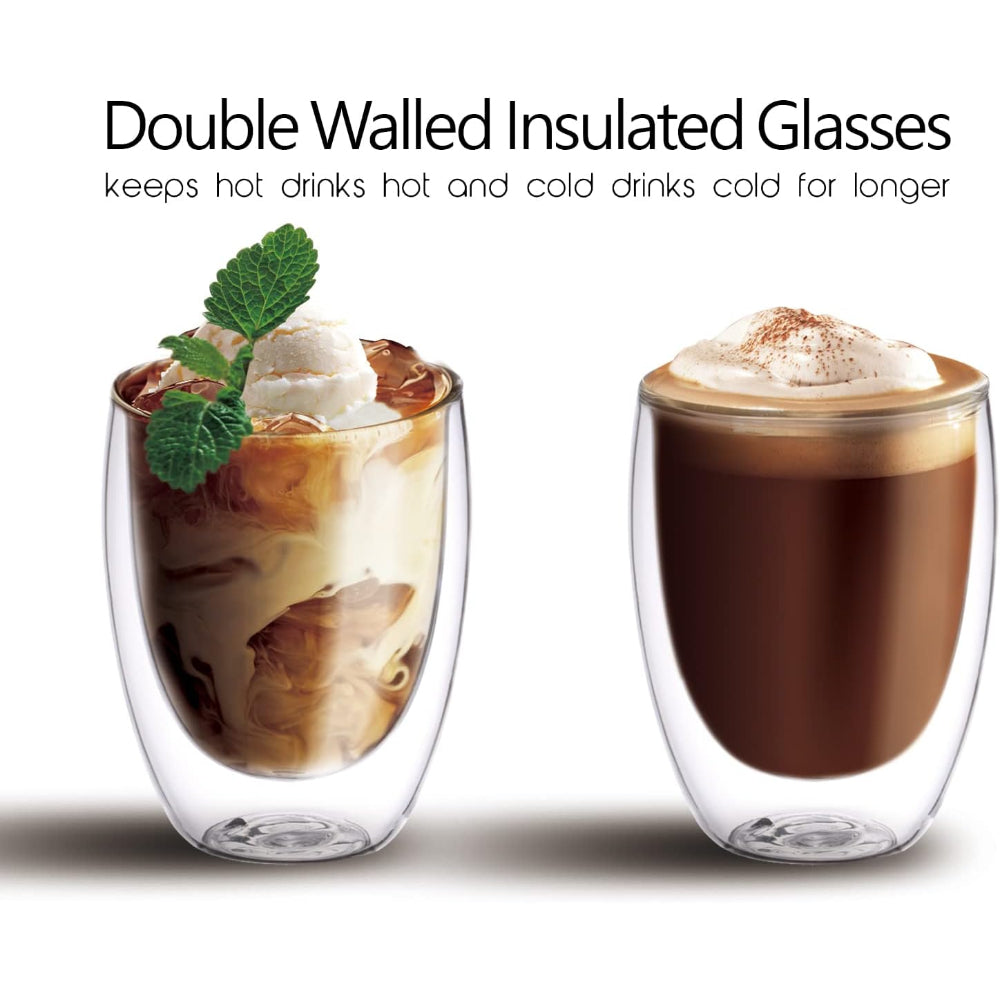 طقم أكواب زجاجية مزدوجة الجدار من كويزين آرت، سعة 350 مل، مكون من قطعتين، مصنوعة من زجاج البورسليكات، للقهوة والشاي والويسكي والكوكتيلات وجميع المشروبات - كوب شرب مزدوج الجدار بتصميم بسيط ومتين