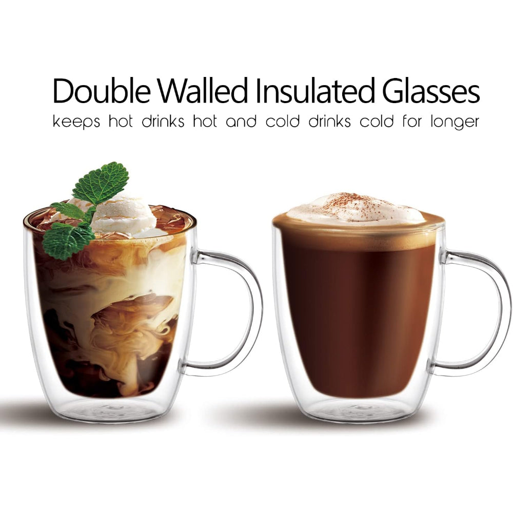مجموعة أكواب زجاجية مزدوجة الجدار من كويزين آرت، سعة 230 مل، مكونة من قطعتين، مصنوعة من زجاج البورسليكات، مناسبة للقهوة والشاي والويسكي والكوكتيلات وجميع المشروبات - كوب شرب مزدوج الجدار بتصميم بسيط ومتين