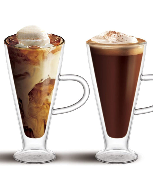 مجموعة أكواب زجاجية مزدوجة الجدار من كويزين آرت، سعة 350 مل، مكونة من قطعتين، مصنوعة من البورسليكات، مناسبة للقهوة والشاي والويسكي والكوكتيلات وجميع المشروبات - كوب شرب متين مزدوج الجدار بتصميم بسيط