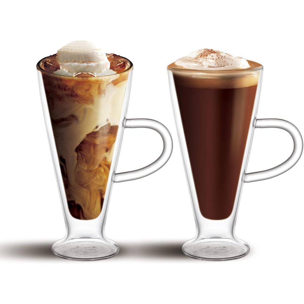 مجموعة أكواب زجاجية مزدوجة الجدار من كويزين آرت، سعة 350 مل، مكونة من قطعتين، مصنوعة من البورسليكات، مناسبة للقهوة والشاي والويسكي والكوكتيلات وجميع المشروبات - كوب شرب متين مزدوج الجدار بتصميم بسيط