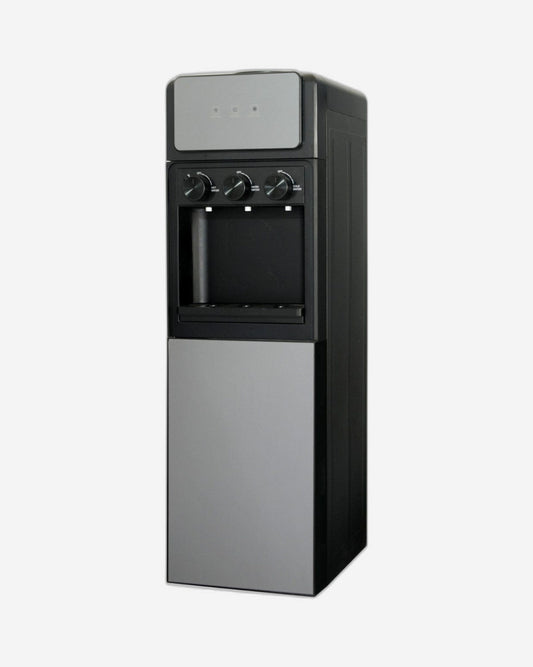 موزع مياه هوفر بثلاث صنابير تحميل علوي مع خزانة، 3 فوهات مياه ساخنة وباردة، قفل أمان للأطفال، مقبض تحكم، خزان مياه بارد من الفولاذ المقاوم للصدأ، ضمان لمدة عام، لون رمادي فضي - HWD-SC-02S