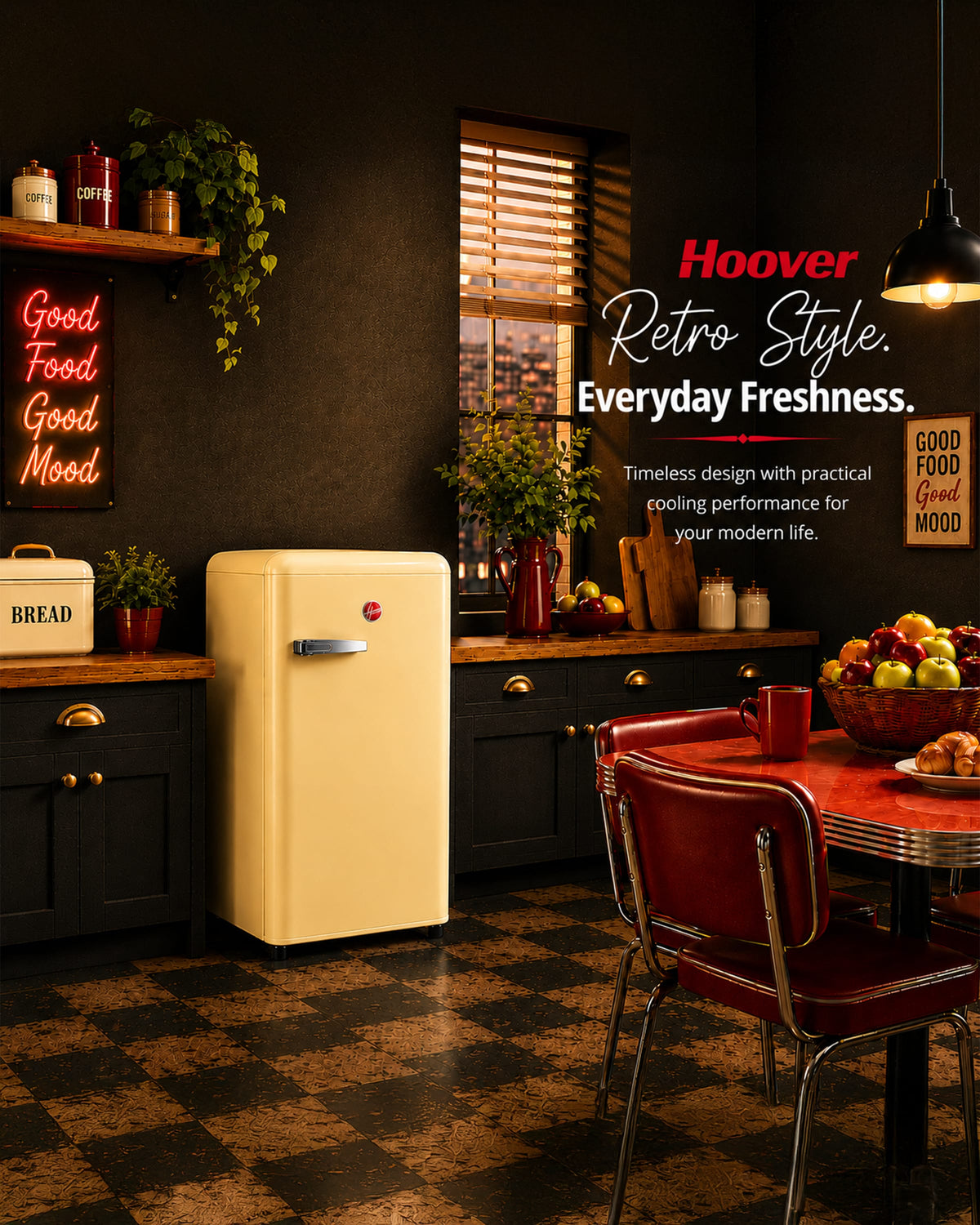 ثلاجة باب واحد من هوفر، بتصميم ريترو، سعة 123 لتر، باللون الكريمي – HSD-K123-RW (معتمد من ESMA)