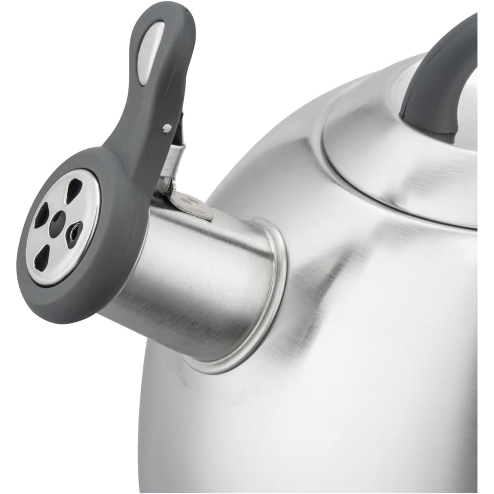 غلاية شاي صافرة من الفولاذ المقاوم للصدأ من كويزين آرت كال، سعة 3.0 لتر، فضية اللون، قاعدة كبسولة، مقبض ناعم الملمس من النايلون الرمادي، لمسة نهائية من الساتان، قاعدة متعددة الطبقات، مناسبة للاستخدام على جميع أسطح المواقد