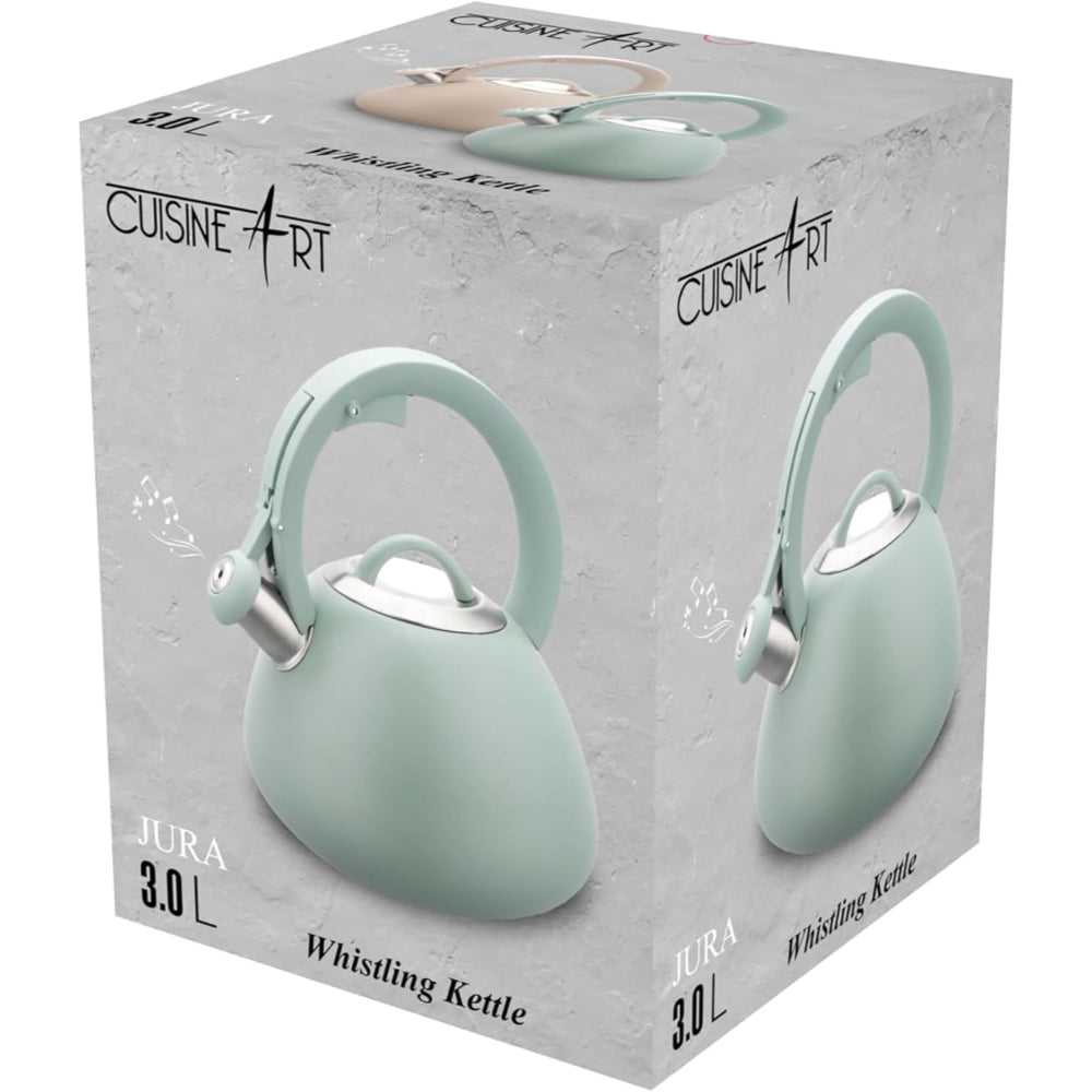 غلاية شاي صافرة من الفولاذ المقاوم للصدأ JURA من Cuisine Art، سعة 3.0 لتر، لون أخضر، 201 من الفولاذ المقاوم للصدأ، مقبض من النايلون، طلاء ناعم الملمس، غليان سريع، قاعدة واحدة 18/0، مناسبة للاستخدام على جميع أسطح المواقد